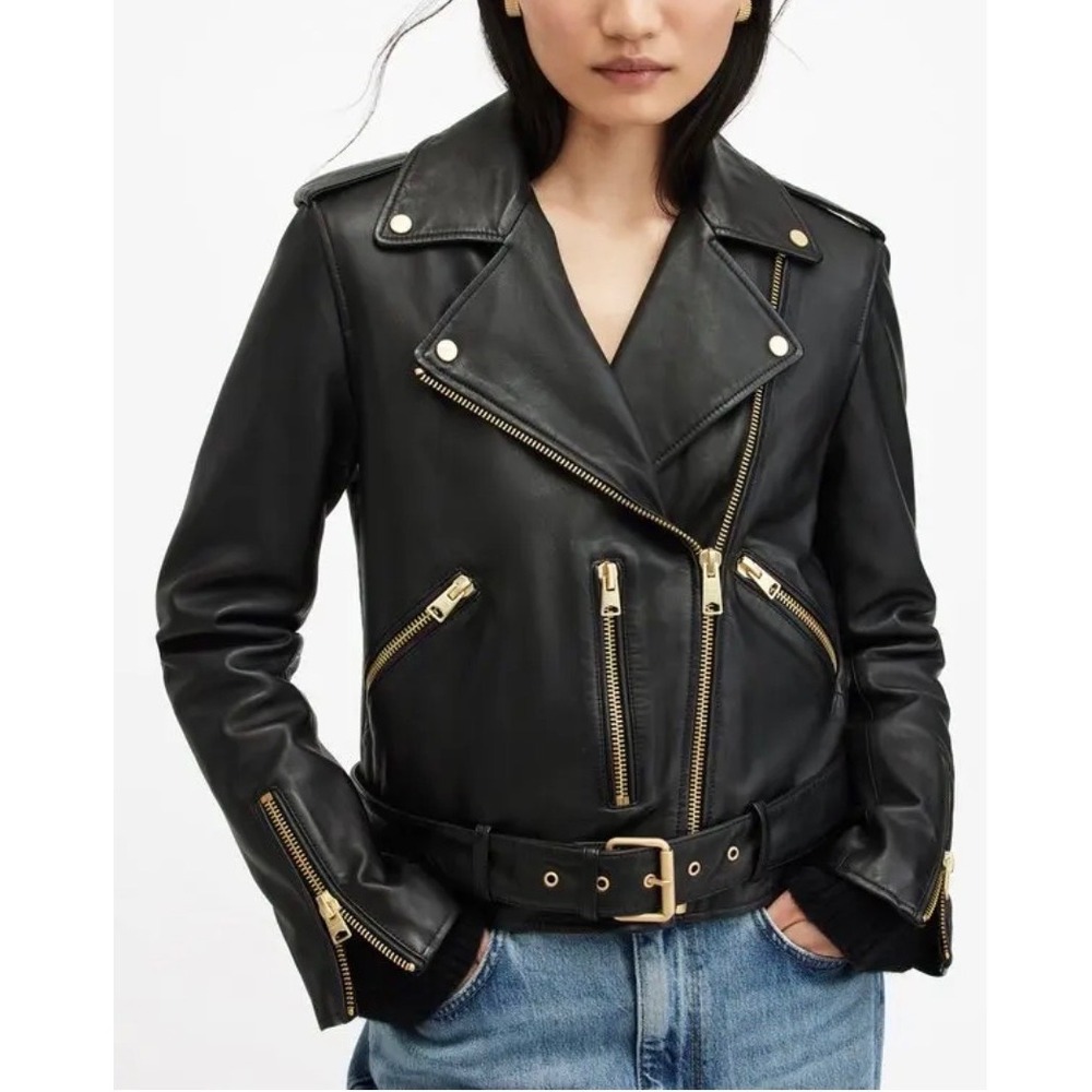 AllSaints Biker Jacket Women 6 Black Excellent Belted Gold Hardware Balfern